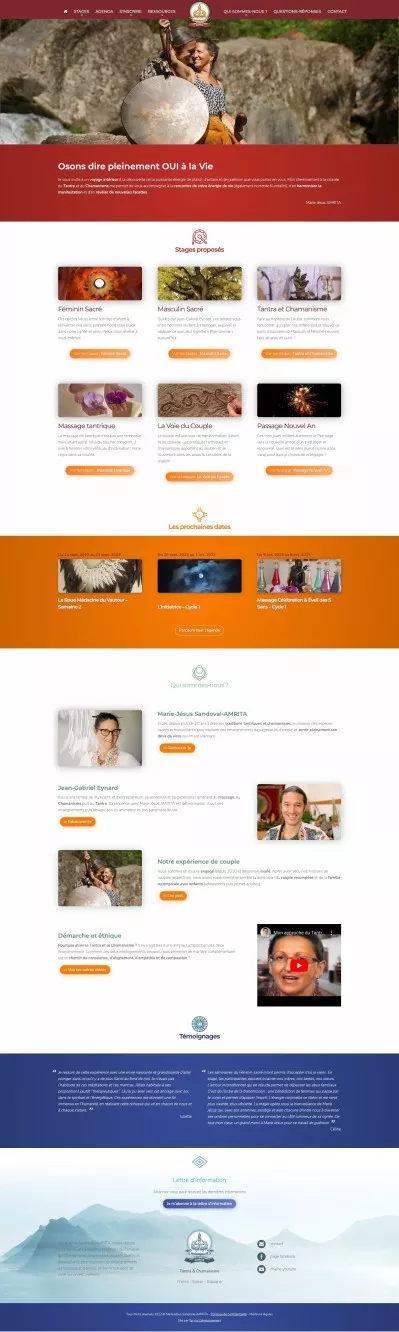 Design graphique du site d'une chamane spécialisé proposant des stages de tantra et chamanisme, féminin sacré, masculin sacré